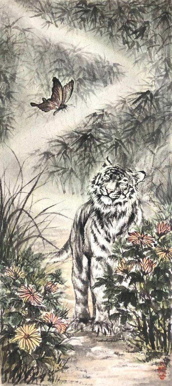 백서진의 , 虎 (호), 33x66.2cm,, 화선지에 수묵채색, 2021. [갤러리세인]