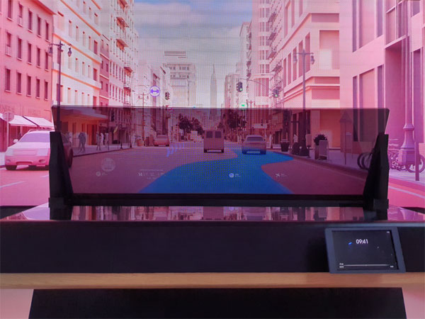 삼성전자가 제시한 미래 자동차 가상현실(VR) 스크린 모습. 앞으로 움직일 동선이 파란 선으로 화면에 표시돼 있다. [나현준 기자]