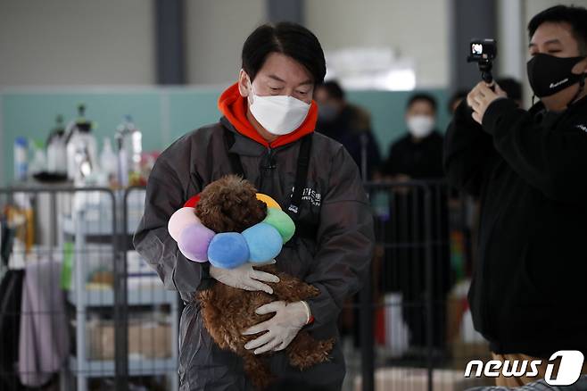 안철수 국민의당 대선 후보가 7일 오전 남양주시 동물보호단체 위액트 남양주 대피소에서 '안철수를 팝니다' 철수마켓의 일환으로 구조견 봉사활동을 하며 구조견을 안고 있다. 2022.1.7/뉴스1 © News1 이승배 기자