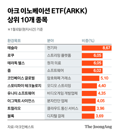 아크 이노베이션 ETF(ARKK) 상위 10개 종목. 그래픽=김현서 kim.hyeonseo12@joongang.co.kr