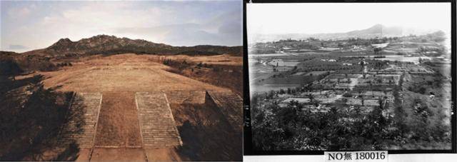 송악산과 만월대 전경. 회경전을 포함한 궁궐의 중심축 방향이다. 오른쪽은 일제강점기 때 찍은 유리건판사진. 국립문화재연구소·국립중앙박물관 제공