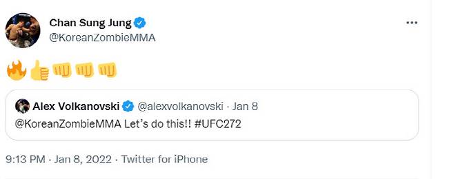 알렉산더 볼카노프스키의 타이틀전 제안을 받아들이는 정찬성, 사진=정찬성 트위터 캡처