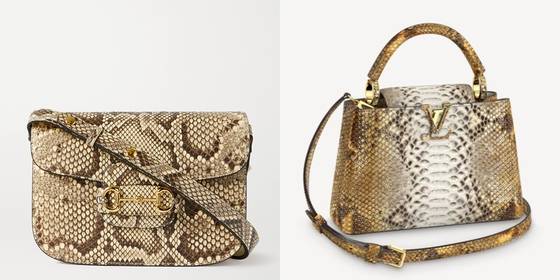 구찌(왼쪽)와 루이비통의 파이톤(비단뱀) 뱀피 가방. 페타(PETA)는 두 브랜드가 잔인한 방식으로 파충류를 도살하는 인도네시아의 한 공장으로부터 가죽을 제공받는다고 밝혔다. [사진 각사]