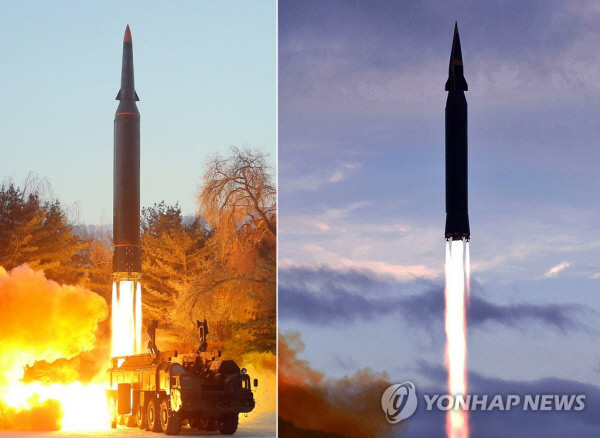 북한이 지난 5일 극초음속 미사일을 시험 발사했다고 조선중앙통신이 6일 보도했다. 앞서 북한은 지난해 9월 28일 새로 개발한 극초음속 미사일 화성-8형 시험 발사를 처음으로 진행했다고 밝힌 바 있다. 사진은 전날 발사한 극초음속 미사일(왼쪽)과 작년에 발사한 화성-8형(오른쪽)으로, 탄두부 모양이 다소 다른 모습이다.[연합뉴스 자료사진] 2022.1.6