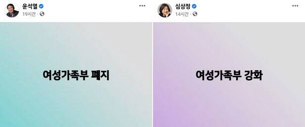 윤석열 국민의힘 대선 후보와 심상정 정의당 대선 후보의 7일 페이스북 글 캡처.