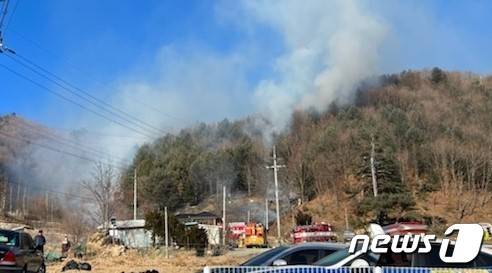 12일 오후 2시 5분께 강원 평창군 진부면 상진부리의 한 산에서 화재가 발생해 산림과 소방당국이 진화에 나서고 있다. (산림청 중앙산불방지대책본부 제공) 2022.1.12/뉴스1 © News1 신관호 기자