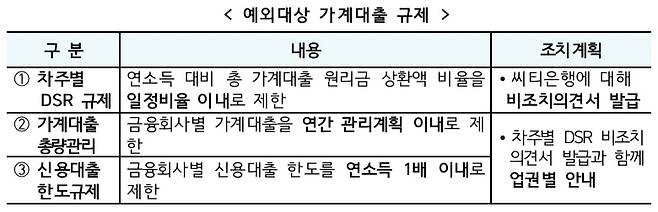 한국씨티은행의 대출 고객이 대환을 희망할 시 예외 대상이 되는 가계대출 규제 항목. 오는 7월부터 시행된다. /금융위원회 제공