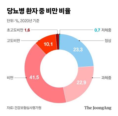 당뇨병 환자 중 비만 비율. 그래픽=차준홍 기자 cha.junhong@joongang.co.kr