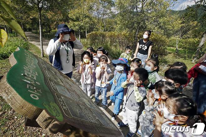 광주 북구 광주호수생태원 일원에서 열린 자연환경보전을 위한 첫걸음 유아 꿈동산 숲 놀이교실에 참가한 어린이집 원생들이 숲해설사와 함께 돋보기를 이용해 자연관찰 놀이를 하고 있다. (사진은 기사 내용과 무관함) / 뉴스1 © News1