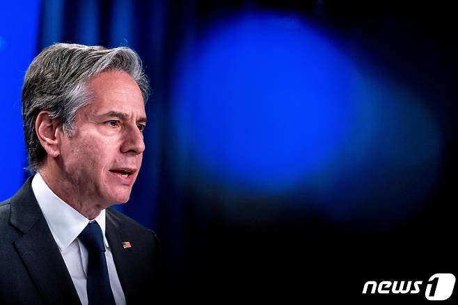 토니 블링컨 미 국무장관이 2022년 1월7일(현지시간) 워싱턴DC 국무부 브리핑룸에서 연설을 하고 있다. © 로이터=뉴스1 © News1 김현 특파원