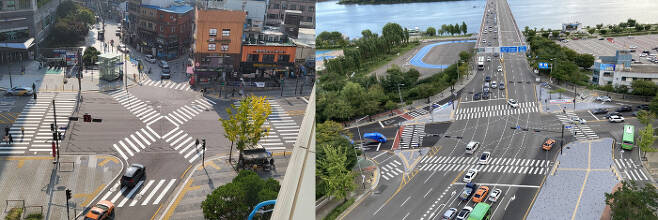 서울시는 2021년 중구 신세계백화점 본점 앞에 대각선 횡단보도(왼쪽 사진)와 영등포구 서강대교 남단에 ‘ㅁ’ 자로 횡단보도를 새로 만들었다. 보행자가 멀리 돌아가지 않고도 도로를 건널 수 있도록 한 것이다. 서울시 제공