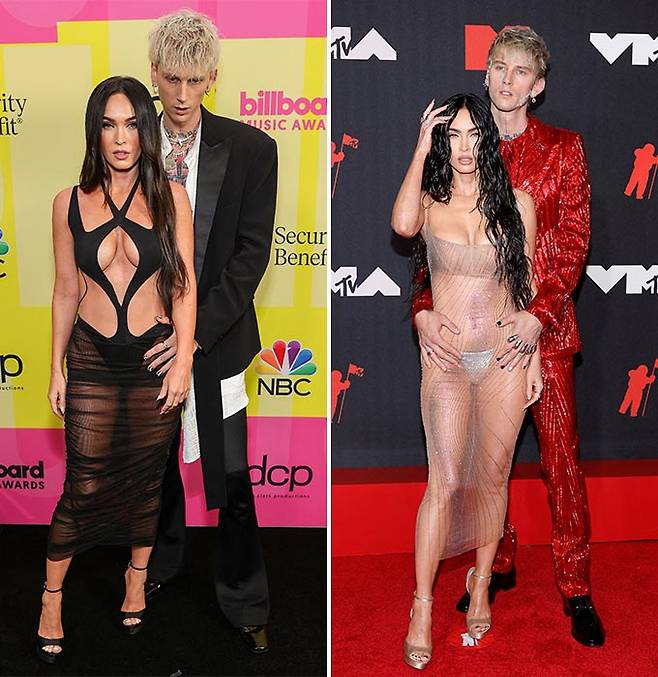 할리우드 배우 메간 폭스와 그의 남자친구인 래퍼 머신 건 켈리가 지난해 5월, 9월에 각 '2021 빌보드 뮤직 어워드'와 '2021 MTV 비디오 뮤직 어워드'에 참석한 모습./사진=AFP/뉴스1