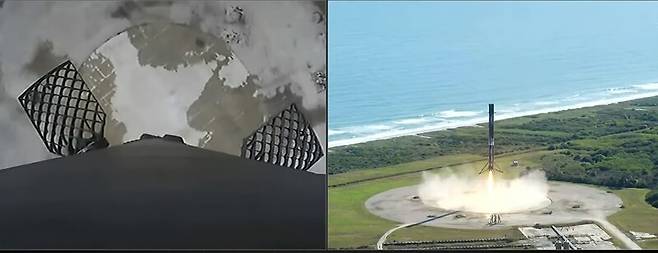 이날 10번째로 이륙한 팰컨9 로켓은 8분30초 뒤 발사기지로 돌아왔다. 왼쪽은 내장 카메라, 오른쪽은 드론으로 촬영한 것이다. 웹방송 갈무리