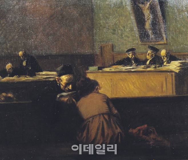 장 루이 포랭의 ‘재판소’(1902∼1903). 포랭은 19세기 말부터 50여년에 걸쳐 프랑스 신문·잡지에 발표한 정치·사회·문화를 아우른 날카로운 풍자화로 영향력이 컸던 화가다. 작품은 재판에는 관심이 전혀 없어 보이는 한 재판정의 풍경을 가련한 여인을 등장시켜 비판하고 있다. 캔버스에 유채, 60.3×73㎝, 영국 런던 테이트미술관 소장.