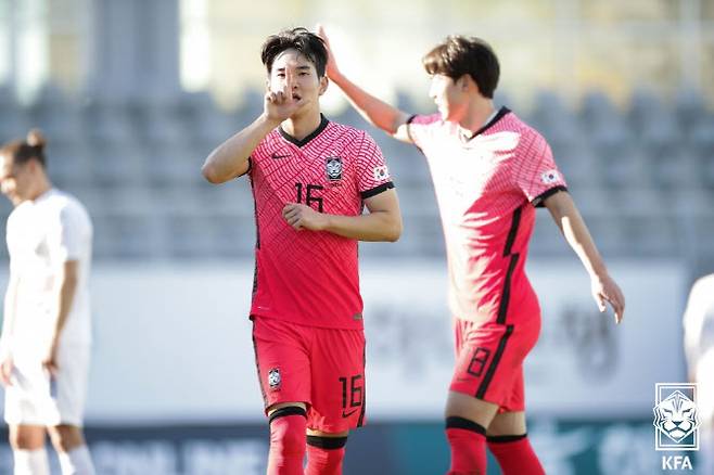 15일(한국시간) 터키 안탈리아의 마르단 스타디움에서 열린 축구 국가대표팀 한국과 아이슬란드의 친선경기. 김진규가 골을 넣고 세리머니를 하고 있다. 사진=대한축구협회