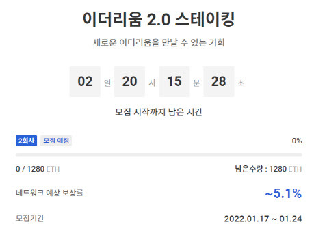 업비트는 17일 오후 2시부터 이더리움 2.0 스테이킹 2회차 서비스를 시작한다고 14일 밝혔다. (사진=업비트)