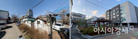인천 동구 화수정원마을이 도시재생 뉴딜사업으로 새롭게 변모했다. 사진은 행복주택 조성 전(왼쪽)과 후 모습. [사진 제공=인천시]