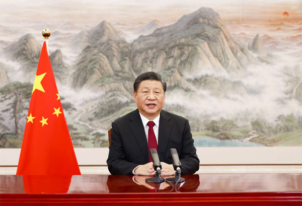 17일 시진핑 중국 국가주석이 온라인으로 열린 `다보스 어젠다 2022`에서 개막연설을 하고 있다. [신화 = 연합뉴스]