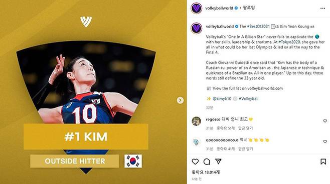 FIVB가 발행하는 발리볼월드닷컴이 김연경을 2021년 세계 최고 여자배구 선수로 선정했다. 발리볼월드닷컴 SNS 캡처