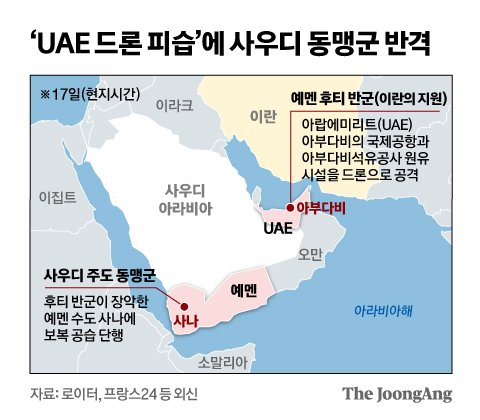 ‘UAE 드론 피습’에 사우디 동맹군 반격. 그래픽=신재민 기자 shin.jaemin@joongang.co.kr