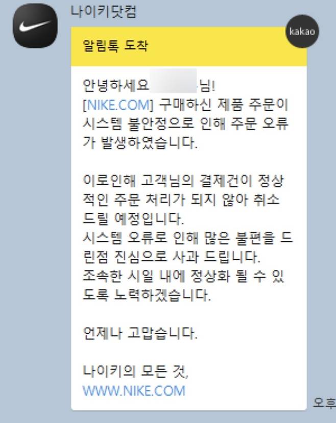 나이키는 지난 18일 시스템 오류가 발생했다며 일부 더 드로우 당첨 고객에게 취소를 안내했다.(온라인 커뮤니티 갈무리) © 뉴스1