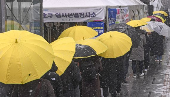19일 서울 서초구 강남역 코로나19 임시선별검사소에서 시민들이 우산을 쓴 채 검사를 기다리고 있다. 중앙방역대책본부에 따르면 이날 0시 기준 코로나19 신규 확진자는 5805명으로 20일 만에 5000명대로 올라섰다. 사진=박범준 기자