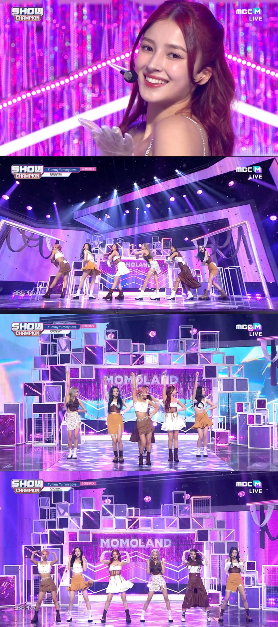걸그룹 모모랜드가 MBC M '쇼! 챔피언'에 출연해 신곡 'Yummy Yummy Love(야미 야미 럽)' 컴백 무대를 선보였다./사진=MBC M '쇼!챔피언' 방송 화면 캡처