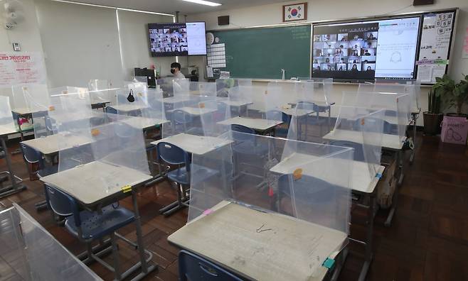 지난해 12월 부산의 한 초등학교 6학년 교실에서 교사가 온라인 수업을 진행하고 있다. 송봉근 기자