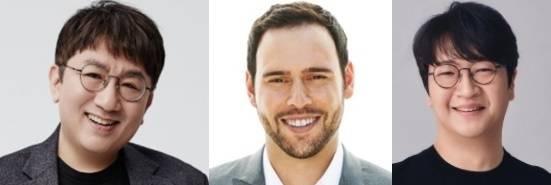 [서울=뉴시스] 방시혁 의장, 스쿠터 브라운 CEO, 윤석준 CEO. 2022.01.27. (사진= 하이브 제공) photo@newsis.com*재판매 및 DB 금지 *재판매 및 DB 금지