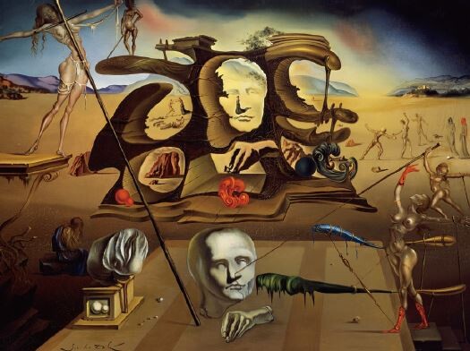 임신한 여성이 된 나폴레옹의 코, 독특한 폐허에서 멜랑콜리한 분위기 속 그의 그림자를 따라 걷다 Napoleons Nose, Transformed into a Pregnant Woman, Strolling His Shadow with Melancholia amongst Original Ruins, 1945 ⓒSalvador Dalí, Fundació Gala-Salvador Dalí, SACK, 2021