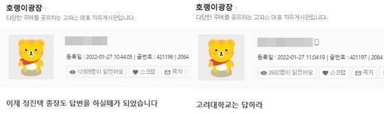 [고려대 학생 온라인 커뮤니티 '고파스' 캡처]