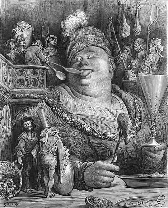 ‘가르강튀아와 팡타그뤼엘’에 실린 귀스타브 도레의 삽화. 가르강튀아와 그 아들 팡타그뤼엘이라는 두 거인왕의 일생을 익살스럽고 풍자적으로 그려 웃음을 자아내는 이 소설은 프랑스 르네상스의 걸작이다.