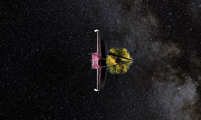 제임스웹우주망원경이 차양막을 펼쳐 비행하는 장면.(자료=미국항공우주국 트위터 갈무리)