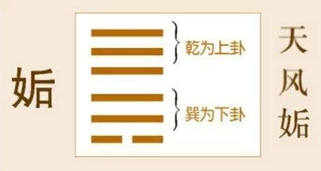 주역 '천풍구(天風?)' 괘는 하늘을 상징하는 건(乾, ?)이 위에, 바람을 의미하는 손(巽, ?)이 아래에 있다(?). 괘명 '구(?)'는 '만난다, 조우한다'라는 뜻이다(?,遇也). /바이두