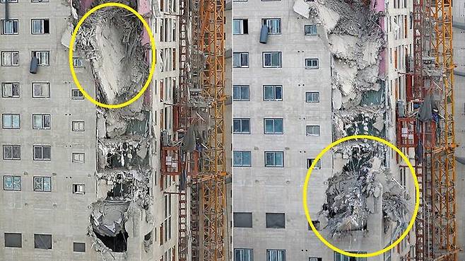 25톤 콘크리트 구조물이 추락한 광주 아파트 붕괴 현장. 지난 29일 기울어진 채 매달려 있던 구조물(왼쪽 원)이 이날 떨어져 일부가 건물에 걸쳐 있는 모습(오른쪽 원) (사진=연합뉴스)