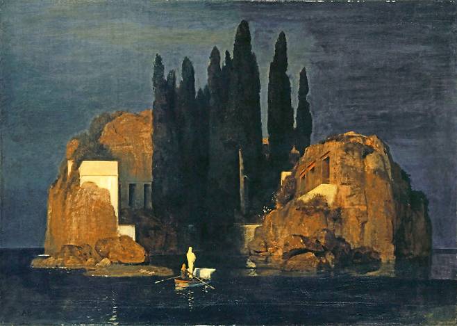 아르놀트 뵈클린의 ‘죽음의 섬’(1880). 자주 또 반복적으로 죽음을 암시하거나 주제로 삼은 뵈클린이 그린 여러 ‘죽음의 그림’ 중 대표작이다. 침묵과 고요, 꿈꿀 수 있는 장소로 죽음과 섬을 동일시했다. 풍부한 상상력이 바탕이 된 독특한 감각과 색채가 분위기를 극적으로 끌어올리고 있다. 캔버스에 유채, 110.9×156.4㎝, 스위스 바젤 바젤미술관 소장.