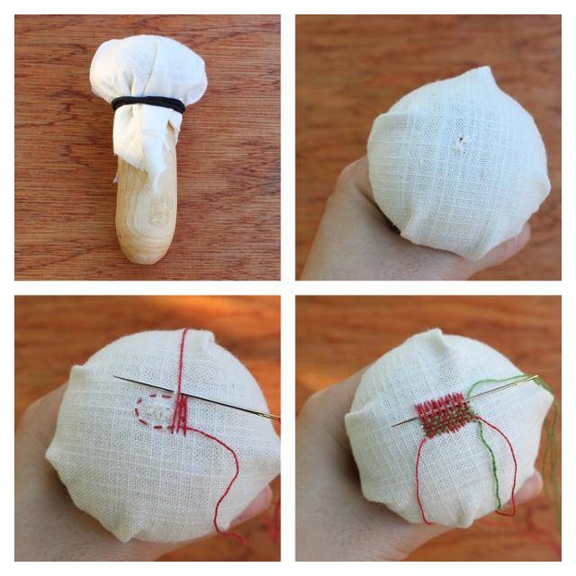 다닝으로 구멍 나고 해진 부분을 수선하는 방법. 다닝 머시룸(윗줄 왼쪽)이 있으면 수선이 훨씬 수월해진다. 다닝 머시룸이 없다면 수선할 부분을 고정할 수 있는 동그란 형태의 받침이 있으면 좋다. 손뜨개 공방 '슬로우 핸드'의 박혜심 작가는 "꿰매는 부분과 비슷한 두께의 실과 너무 짧지 않은 길이의 끝이 살짝 뭉툭한 바늘을 선택하면 좋다"고 조언했다. 박혜심 작가 제공
