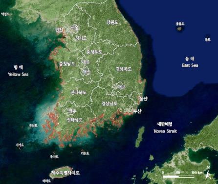 붉은색 표시된 면적이 해수면 1.1ｍ 상승하면 사라지는 곳 [한국해양공단 해수면상승 시뮬레이터 캡처]