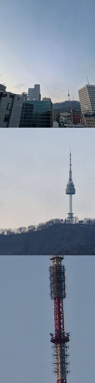삼성전자의 야심작 ‘갤럭시S22울트라’로 오전 7시 서울 중구에서 찍은 사진이다. 줌인을 통해 남산 서울타워의 모습을 촬영했다. 두번째 사진은 7배, 세번째 사진은 100배 줌인한 결과물이다.