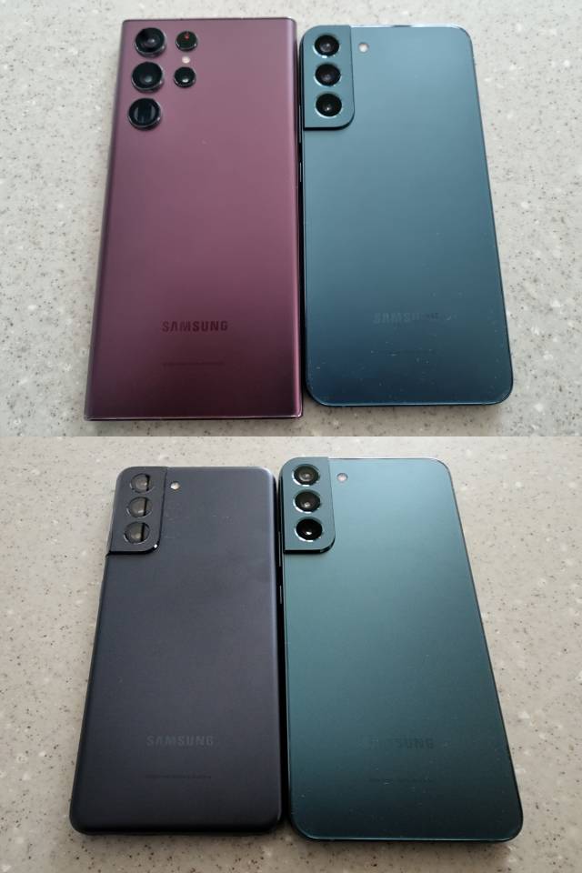 갤럭시S22 울트라(왼쪽 위)와 갤럭시S22+(오른쪽), 갤럭시S21(왼쪽 아래)의 후면. 후면 디자인만 봐서는 갤럭시S21과 갤럭시S22+가 유사하고, 갤럭시S22 울트라가 다른 모델 같다, 윤민혁 기자