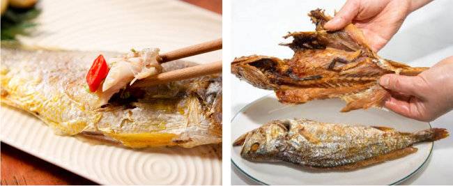 소금 간을 해서 말린 조기를 구우면 짭조름하고 고소한 감칠맛이 난다(왼쪽). 보리굴비 전문점에 가면 몸통 가운데 굵직한 뼈를 발라내고 살집을 큼직하게 뜯어 몸통이 있던 자리에 수북이 쌓아준다. [GettyImage, 동아DB]