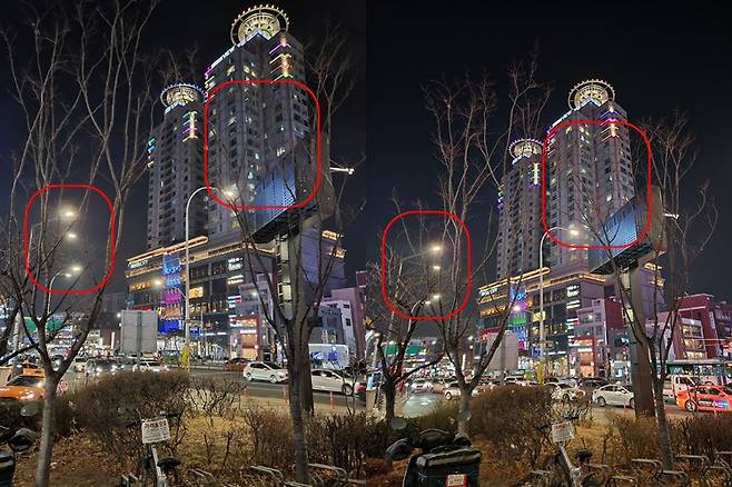 (왼쪽부터) 갤럭시Z플립3과 갤럭시 S22 울트라로 찍은 야간사진. 갤럭시Z플립3으로 찍은 사진보다 빛번짐이 적고 어두운 부분 없이 밝게 표현됐다.