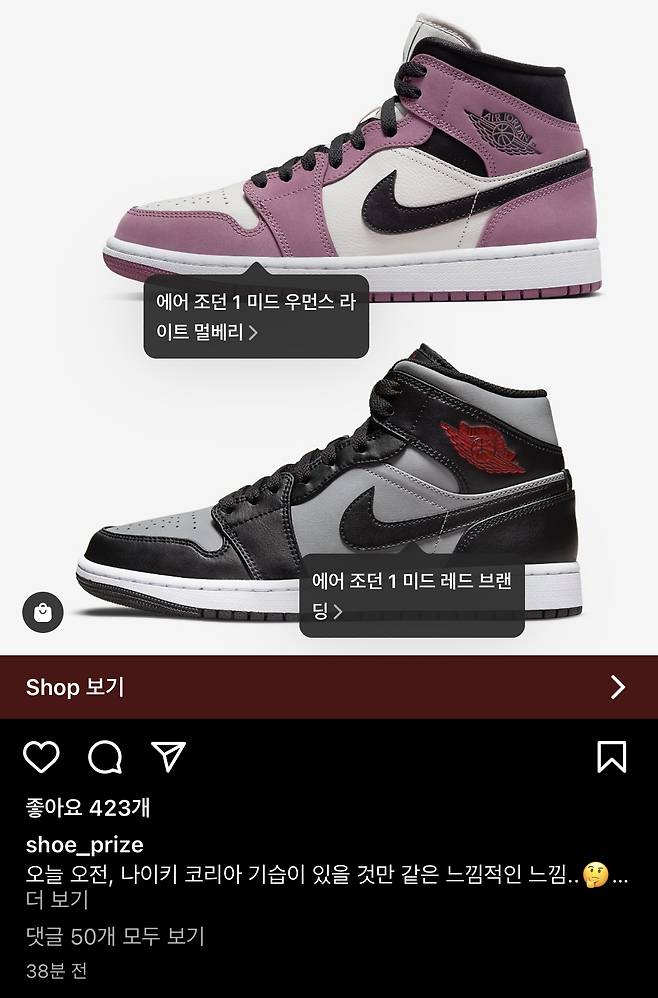 이날 오전 10시 나이키 공식몰에서 판매된 상품으로, 공식 판매 20여분 전에 사전 정보를 캐치한 것으로 추정되는 SNS 글. [SNS 캡처]