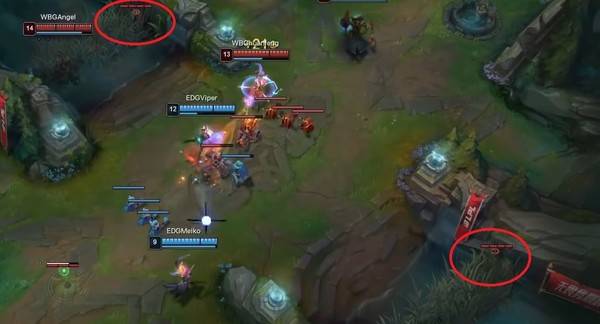 사진=LPL(영문) 공식 유튜브 채널, 시야가 없는 상황에서 바이퍼가 앞비전을 시도했다. 결과는 '뒷점멸' 이었다.