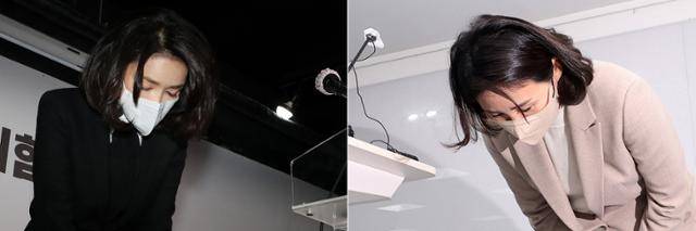 이재명 더불어민주당 대선 후보의 배우자 김혜경(오른쪽)씨와 윤석열 국민의힘 대선 후보의 배우자 김건희씨가 자신이 연루된 의혹과 관련해 사과 기자회견을 하는 모습. 뉴스1