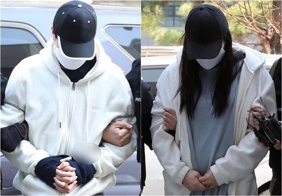 아동학대범죄의처벌등에관한특례법상 아동학대치사 혐의로 입건된 계부 A씨(27, 사진 왼쪽)와 친모 B씨(28)가 영장실질심사를 받기 위해 지난 3월 인천시 미추홀구 인천지방법원에 들어서고 있다.[뉴스1]