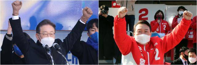 지난 15일 대구시 동성로에서 지지자에게 인사하고 있는 이재명 더불어민주당 대선후보(왼쪽)와 같은 날 대구 동대구역 광장에서 열린 거점 유세에서 인사하고 있는 윤석열 국민의힘 대선후보. 연합뉴스