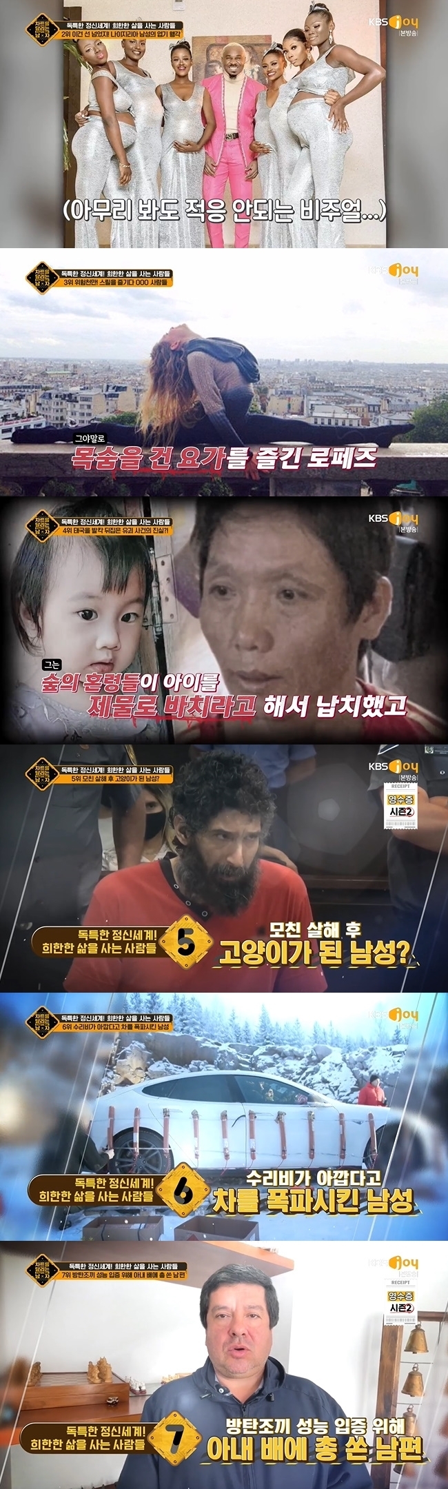 The story of people with unique minds, from men who killed their sisters because of the lottery to women who sold their farts, was revealed.On February 19, KBS Joy a man running a chart was released on the ranking of Unique Mind! People living a strange life.A 19-year-old man who came first was brutally murdered by two women, his sisters, and was sentenced to life in prison by British law One in October 2021.The man said he signed a contract with the devil on condition of winning the lottery and killed his sister to sacrifice the demon.A man who responded to a nightclub in Lagos, Nigeria, who came in second, accumulated wealth through club operations and showed off his wealth in various ways.In 2017, she called women pets and was angry with her neckline. In 2020 Friend Wedding ceremony, she appeared with six women, all of whom were prospective mothers with their own children.Since then he has had five marriages, but both pregnant and all other people.A woman in her 20s who lived in Mexico in 2019, who came in third, usually enjoyed extreme sports.She had fallen 25 meters high while enjoying a dizzying yoga on her balcony, breaking more than half of her body bones, and was forced to enter the bottle for three years.The fourth place was the truth of the kidnapping that overturned Thailand. In 2021, a 23-month-old girl disappeared from a village in Chiang Mai.More than 200 police and rescue teams One have been searching, and shortly after, the childs fathers Friend was arrested as a kidnapper.He confessed to kidnapping the child to sacrifice to the ghost of the forest.A Finnish man, who came sixth, left his car to the garage one day after an unknown leak and code error occurred in an electric car worth 75 million One.He heard from the repair shop that there is no guarantee that the problem will be solved even if the battery is replaced with 26 million one, and he chose to blow up instead of repairing the vehicle.In the eighth place, the hidden truth of the kidnapping of workers came up.In February 2021, United States of America, Arizona Phoenix, claimed that a man with an arm tied on the road was kidnapped by the police, but it was later revealed to be a self-titled drama that the man did not want to go to the company.In October 2021, a woman in India made headlines with a video of her husband frying a favorite ornamental fish.However, the fish was controversial because it was worth about 350 million One in Asian arowana, an endangered ornamental fish.10th place was the most pierced people in World.A German man in his 60s has tattooed not only a piercing over his face, but also a full-body tattoo, even an eyeball, and two horns on both sides of his forehead.A woman from Brazil, beyond 453 piercing men, recorded a total of 6005 piercings in 2009, and is still piercing.Stephanie Mato, an influencer at United States of America, has increased her followers by releasing irritating videos on SNS and YouTube as she has gained awareness.Thanks to popularity, he put his fart in a bottle and sold it for a thousand Family Dollars (about 1.2 million One Hanhwa).It earned 70,000 Family Dollars in a week of sales, and earned more than 240 million One in Hanwha.