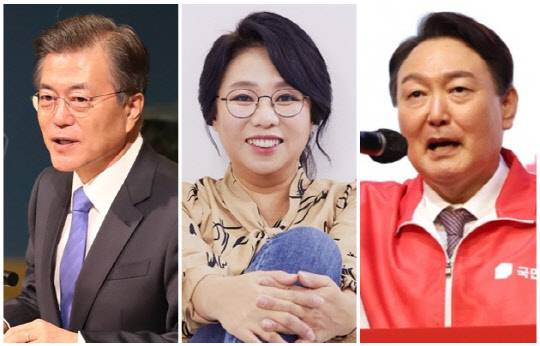 문재인 대통령(왼쪽), 노영희 변호사(가운데), 윤석열 국민의힘 대선 후보. <연합뉴스>