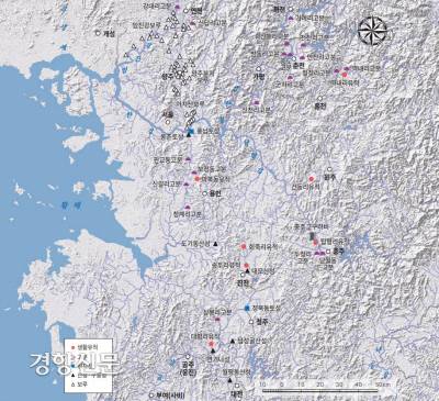 남한내 고구려 유적 분포현황. 임진강·한탄강~양주~아차산~풍납토성·몽촌토성을 지나 용인~진천~충주~청주~공주~세종을 거쳐 대전(월평동 유적)까지 이어진다. 고구려군의 남하루트상에 산성 및 평지성과 고분, 생활유적까지  조성되어 있다.|최종택 고려대 교수 제공